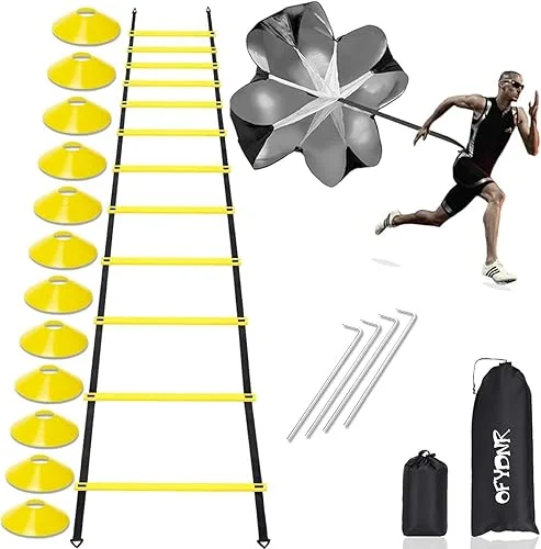 OFYDNR Speed Agility Ladder Training Set – 12 Rung 20Ft Agility Ladder, 12 Disc Cones, 4 Steel Stakes, Resistance Parachute with Carry Bag for Soccer Basketball Football Boxing Footwork Sports