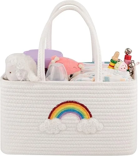 OIAHOMY Large Baby Diaper Caddy Organizer, Portable Baby Basket with Handles, Baby Gift Basket for Newborn, Diaper storage Organizer for Changing Table and Car,Rainbow-White