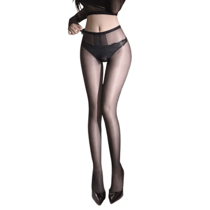 Oily Nude Ammonia T-Crotch Open Stockings Sex Lingerie Sexy Pure Lust Silky Slip On Black 1 Pair