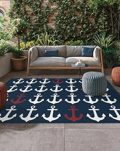 Outdoor Area Rug Nautical White Red Ship's Anchor Rugs 4x6ft Washable Outdoor Carpets, Ocean Dark Blue Carpet Waterproof Large Rugs for Patio Porch Backyard Balcony