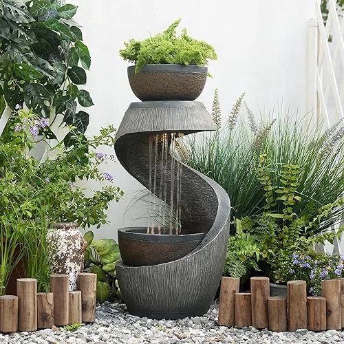 Outdoor Waterfall Fountain with LED Lights, Tiered S-Shaped Spiral Water Feature 31.9′ Freestanding Resin Fountains with Planter and Bowl Design for Garden, Patio, Deck, or Home Decor, Grey
