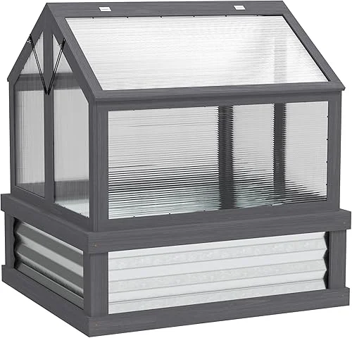 Outsunny Raised Garden Bed with Polycarbonate Greenhouse, Wooden Cold Frame Greenhouse, Garden Flower Planter Protection, Peak Roof, 35.5′ x 31.5′ x 36′, Gray
