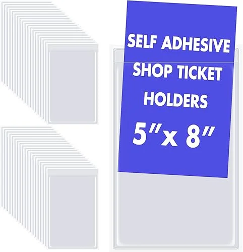 Outus 60 Pcs Self Adhesive Shop Ticket Holders Clear Plastic Sleeves Adhesive Pockets Work Order Job Ticket Holders for Home Office Posting Signs (5 x 8 Inch)
