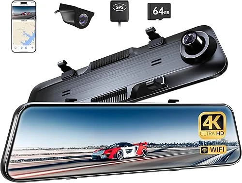 P12 Plus 4K WiFi Rear View Mirror Camera, 12′ Mirror Dash Cam Front and Rear with ADAS and BSD, Backup Camera for Car, GPS, 64GB Card Included, WDR Night Vision, Voice Control