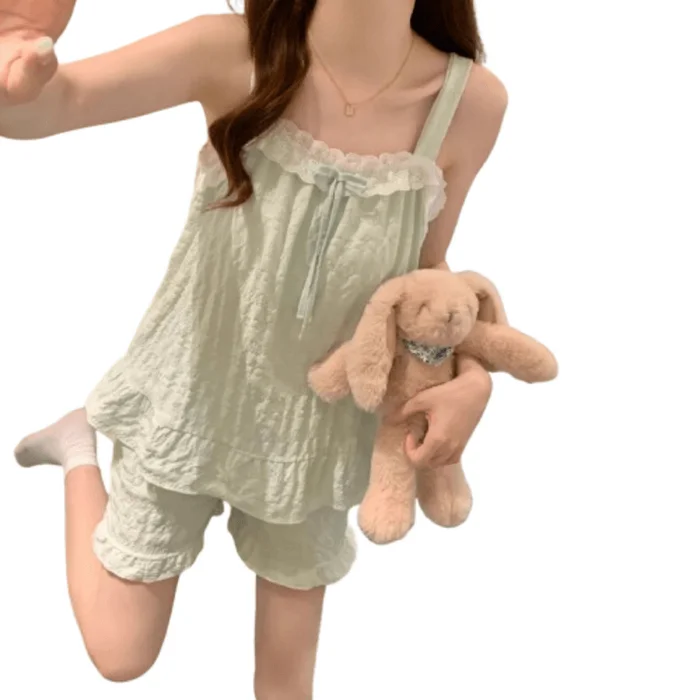 Pajamas with corset women's summer new cloud cotton pink sweet one-piece halter green M size 1 set