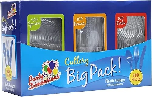 Party Dimensions 300 Count Plastic Cutlery Combo Box, Disposable Clear Plastic Silverware Utensils Set