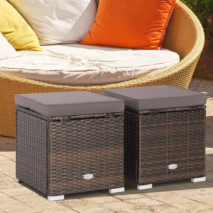 Patio Rattan Ottomans with Hidden Storage Space (Set of 2)