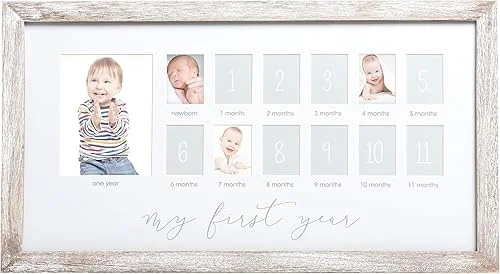 Pearhead My First Year Picture Frame, Baby's First Twelve Months Photo Collage and Gender Neutral Keepsake, Ideal for Baby Shower, New Mom Gift and Nursery Decor, Distressed Wood