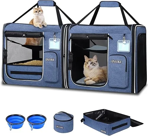 Petskd 2 in 1 Double Cat Car Travel Carrier with Litter Box, 38’x17’x18′ Portable Dual Extra Large Cat Carrier for Multiple Cats with Zipper Locks for Moving Across The Country