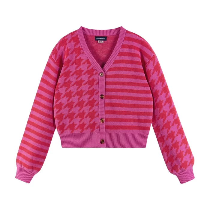 Pink & Red Houndstooth N’ Striped Cropped Cardigan
