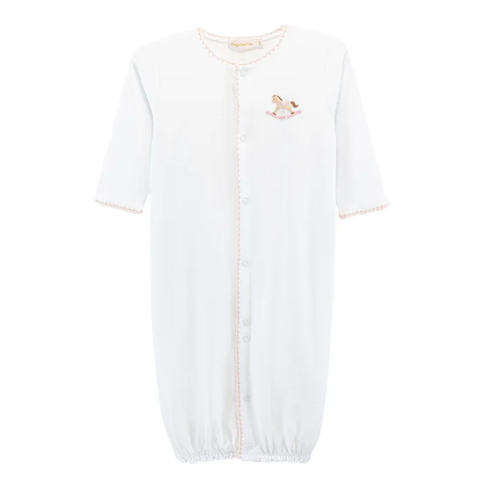 Pink Cute Rocking Horse Emb. Conv. Gown w/ Crochet Trim