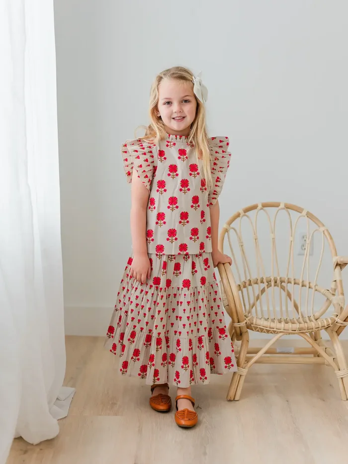 Pink Floral Ruffle Top & Tiered Skirt Set