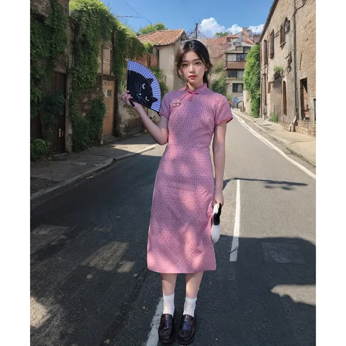 Pink New Chinese Cheongsam Chinese Style Waist slimming Dress Pink M Size