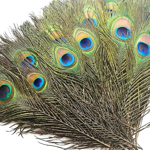 Piokio 50 pcs Peacock Feathers in Bulk 10-12 inch(25-30 cm) Bulk for DIY Craft, Wedding, Mardi Gras Decoration