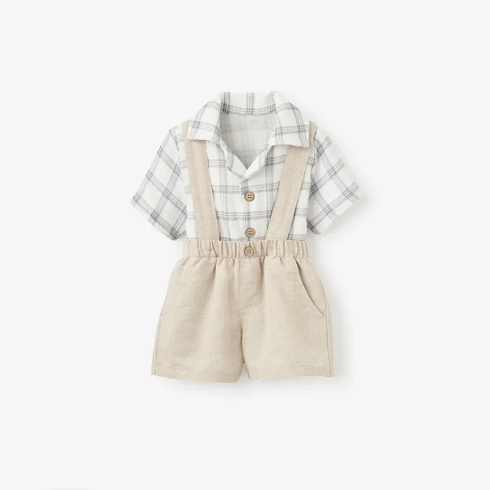 Plaid Organic Cotton Muslin Shirt & Linen Suspender Shorts 6-9 M