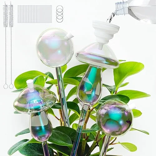 Plant Watering Globes Top Fill, Clear Glass Self Watering Planter Insert Top-Opening, Automatic Plant Waterers Insert, Auto-Drippers Glass Ball & Mushrooms with Accessories for Indoor, 4 Pack
