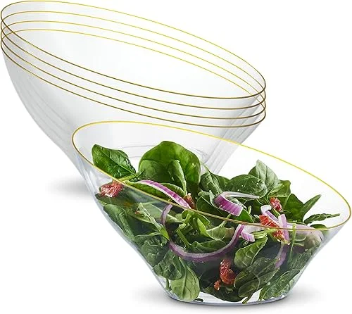PLASTICPRO Angled Plastic Bowls Disposable Large Plastic Clear Serving Bowls with Gold Rim for Party for Appetizer Salads Pack of 4