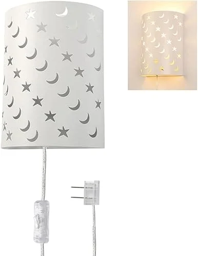 Plug In Wall Sconce Stars and Moons Kids Wall Lamp, Nursery Baby Room Wall Light with 6FT Plug in Cord On/Off Switch, Ideal for Kids Rooms, Bedroom and Play Rooms, E26 Base, White(Exclude Bulb)