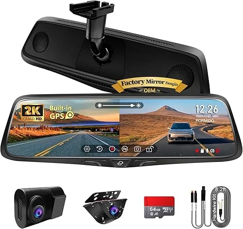 PORMIDO OEM 2K Rear View Mirror Camera,10′ Mirror Dash Cam with Detached Front Backup Camera, Smart Full Touchscreen Rearview WDR Dashcam with Built-in GPS,64GB Card,Parking Monitor,Night Vision