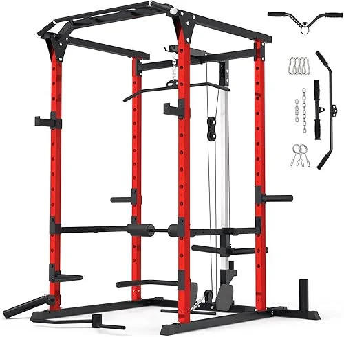 Power Cage, Power Rack with LAT Pulldown, Multi-Functional Squat Rack, 1500 Lbs Capacity Squat Cage with More Training Attachments for Home Gym