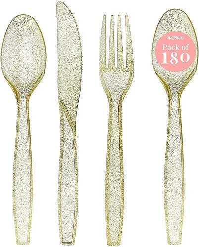 Prestee 300-Piece Plastic Cutlery Set – 100 Each of Clear Plastic Forks, Knives, Spoons – Heavy Duty Silverware for Parties – Disposable Utensils for Weddings and Buffets