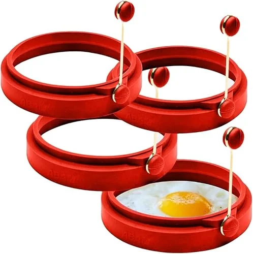 Professional 4 Inch Silicone Egg Ring, Pancake Mold Egg Mold for Breakfast Sandwiches, Omelets and More, Nonstick Mold Ring, Round Blue (Pack of 4), Free e-Book by Abam (Red)
