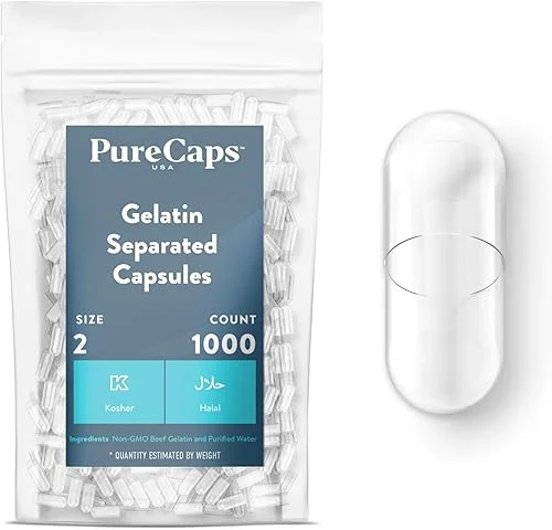 PureCaps USA – Empty Gelatin Capsules Size 2| 1,000 Separated Pills| Clear| Non-GMO Certified | SLS, Gluten, Preservative Free