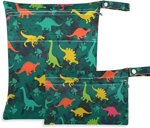 Qilmy 2pcs Dinosaur Wet Dry Bag Waterproof Reusable Baby Cloth Diaper Wet Dry Organizer for Travel, Beach, Stroller, Diapers, Wet Swimsuits, Toiletries