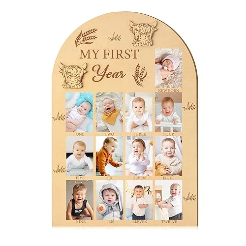 R HORSE Picture Frame – My First Year Photo Display Board, Highland Cow, Wood, 15.7 x 11 inches, Unisex Adult Gift