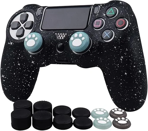Ralan Controller Skin for PS4 Slim/Pro – Glitter Anti-Slip Silicone Cover – Compatible with PS4 Wireless/Wired Gamepad – 4 Cat Paw Thumb Grip Caps & Black Pro Thumb Grip x 8