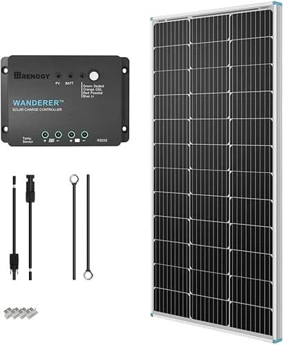 Renogy 100W 12V Solar Panel Starter Kit, 100 Watt Monocrystalline Solar Panel, 30A LCD PWM Charger Controller, Adaptor Kit, Tray Cables, Z Brackets for RV, Camper, and Other Off Grid Applications