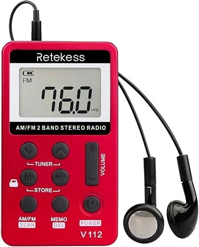 Retekess V112 AM FM Portable Pocket Radio, FM Receiver, Digital Tuning Stereo, with Headphones, Rechargeable Battery, for Walking, Jogging, Training, Church (Red)