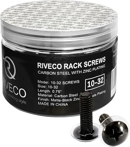 RIVECO 100PCS 10-32 Rack Screws for Server Cabinets & Racks Tapered Holes Mounting Network Equipment Audio Devices, Carbon Steel Black