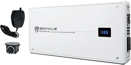 Rockville KRYPTON S6 2600W Peak / 660W RMS 6-Channel Marine Amplifier, White, Calss AB, IPX6, Includes Remote, PA Mic, Adjustable Crossover, Digital Meter – Perfect for Boats, Subwoofers, Speakers