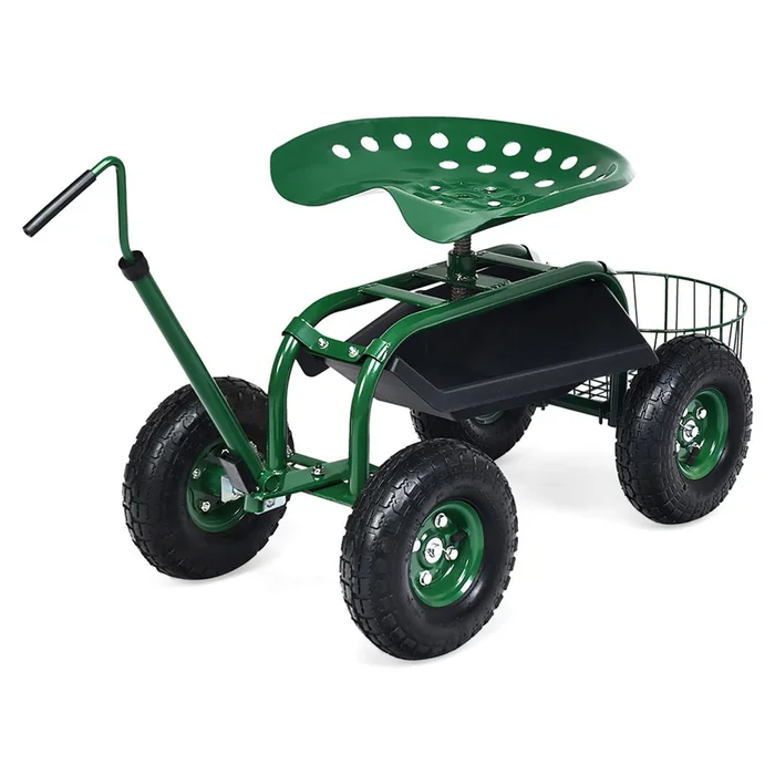 Rolling Seated Garden Cart with Extendable Handle
