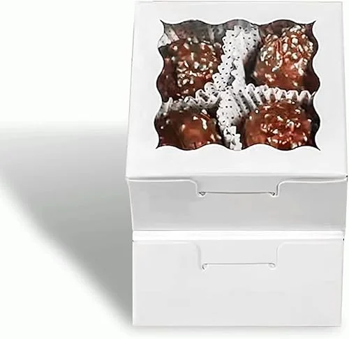 RomanticBaking 3 ¼’ x 3 ¼’ x 1 ½’ 50PCS Chocolate Truffle Boxes for 4，Cookies Boxes Soap Boxes Donut Boxes Macaron Boxes Mini Bakery Boxes with Window Brownie Boxes