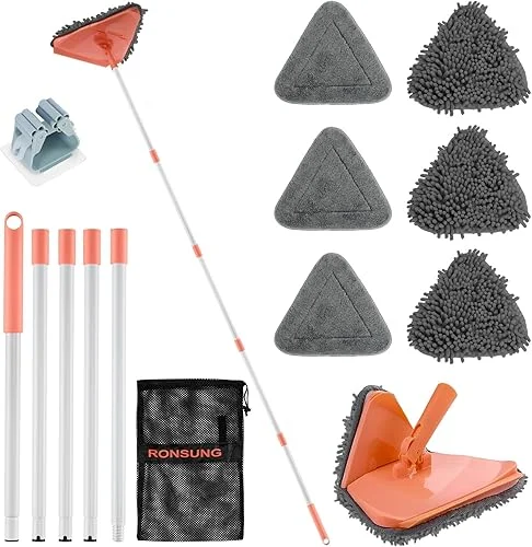 RONSUNG Wall Cleaner Mop with 82” Extendable Handle – Multi-Surface Triangle Mop with 6 Reusable Pads for Ceiling, Wall, Baseboard, Floor, and Window Cleaning (Orange)