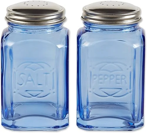 RSVP International Jumbo Retro Glass Salt & Pepper, Screw On Stainless Steel Lid, Each Shaker Holds 8 Ounces, 2.25×2.25×4.6, Blue