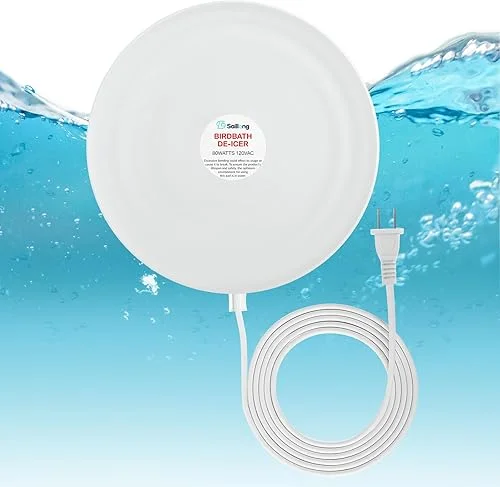 Saillong 80W Bird Bath Deicer, Submersible De Icer with Thermostatic Control Anti Float Design 9.5 Inch Snow Melting Heater for Outdoor Bird Chicken Fountains Farm Trough Small Pond(White, 1 Pack)