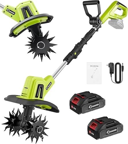 Saker 22V Cordless Electric Garden Tiller Cultivator, Lightweight Rototiller for Gardening, 9-Inch Tilling Width, 6.3-Inch Depth for Soil Preparation, Weeding, and Gardening Two Batteries with Charger
