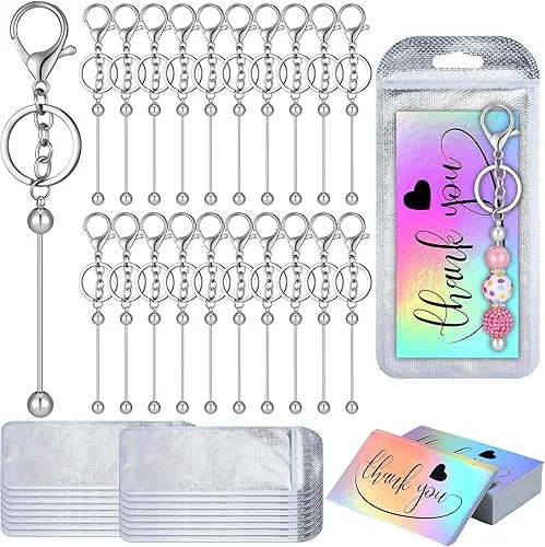 Sasylvia 60 Pcs Beadable Keychain Bars Set 20 Beaded Keychain 20 Resealable Pouch Bag 20 Thank You Cards for DIY Craft Making(Silver)