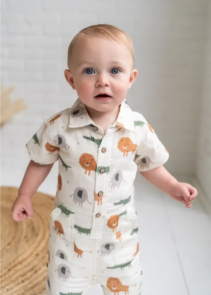 Savannah Collar & Button Baby Romper – Natural