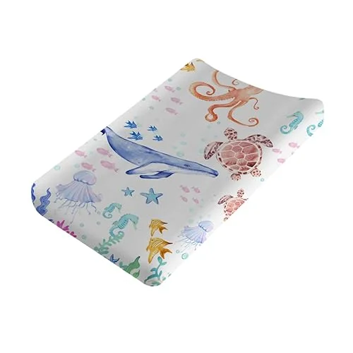 Sea Animals Changing Pad Cover Ocean Animals Corals Sea Weeds Baby Nursery Diaper Changing Pad Sheets for Boys Girls Soft Breathable Stretch Fitted Changing Mat Cover 32''x16''
