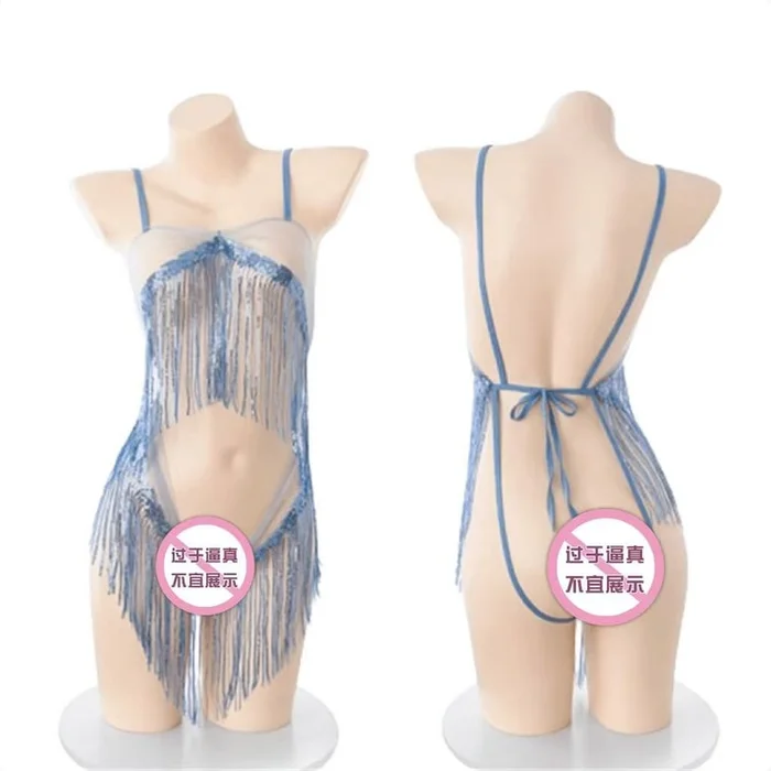 Sequins Fringe Open Crotch Halter Bodysuit Erotic Lingerie Sexy Exposed Buttocks See-through Suit