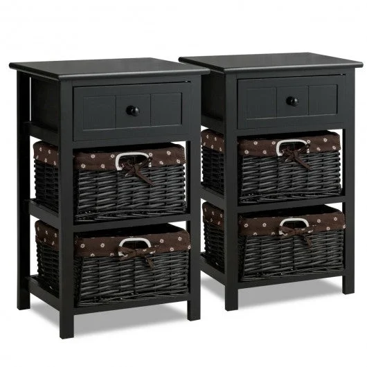 Set of 2 3 Layer 1 Drawer Wood Bedside End Table-Black