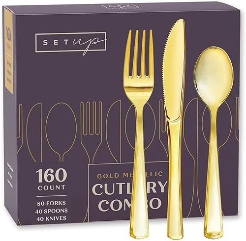 SETUP [160 Count] Disposable Silverware, Combo Cutlery – 80 Forks, 40 Spoons, 40 Knives – Heavy Duty, and Durable Plastic Silverware Set Great for Parties, Events and Everyday use (SIlver)