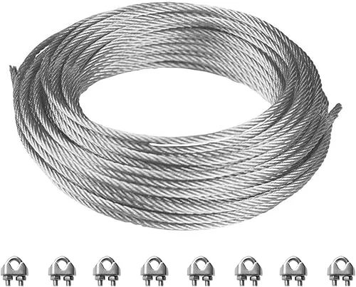 Shade Sail Wire Rope and 8 Pcs Clips, Wire Cable Galvanized Metal Clamp, 3/16-Inch x 25 Feet