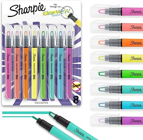 Sharpie Clear View Highlighter Sticks, Chisel Tip Fluorescent Highlighters, See Through Tip Highlighter Marker Set, Assorted Colors, 8 Count