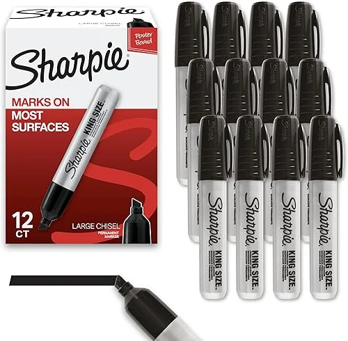 Sharpie King Size Permanent Marker Set, Chisel Tip Markers, Thick Poster Markers, Heavy Duty Markers For Work & Industrial Use, 12 Count