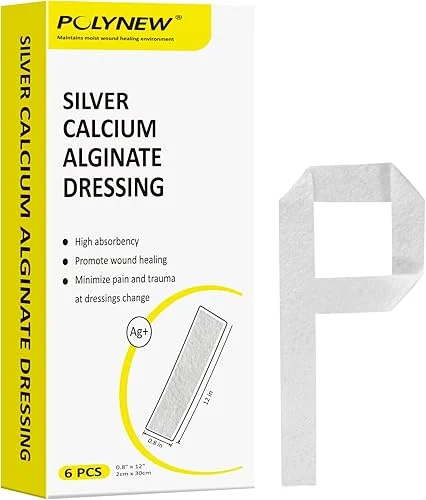 Silver Calcium Alginate Dressing, 0.8’x12′-6 Individual Package Highly Absorbent Strip Wound Dressing for Burns, Ulcers, abrasions, Surgical Wounds, Pressure Sore
